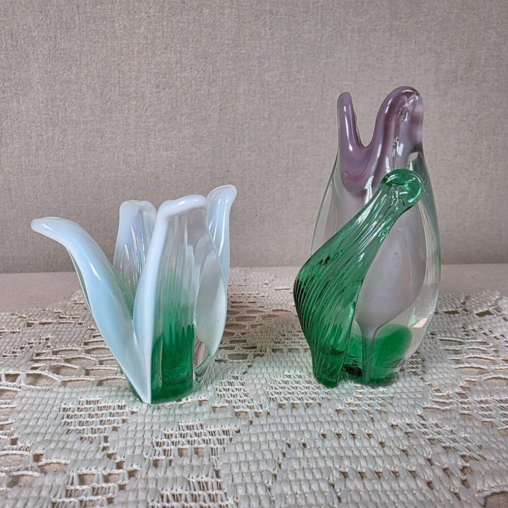Vintage Handblown Art Glass Flowers Set Green & White Tulip And Purple Gradient - Picture 3 of 7